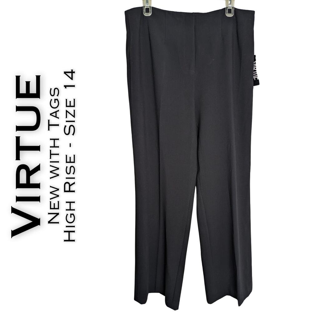 Virtue Dress Pants 14 Black High Rise Stretch Straight Leg Career Classic NEW